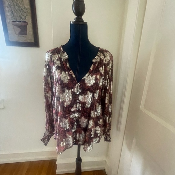 FREE PEOPLE Sheer bohemian oversized floral blouse size small gold Anthropology - Picture 5 of 11